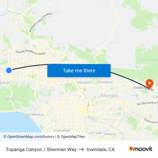 Topanga Canyon / Sherman Way to Irwindale, CA map