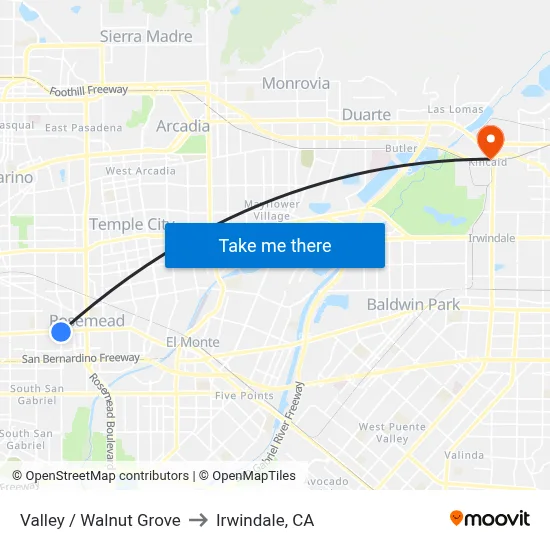 Valley / Walnut Grove to Irwindale, CA map