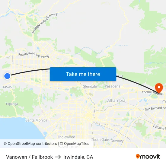 Vanowen / Fallbrook to Irwindale, CA map