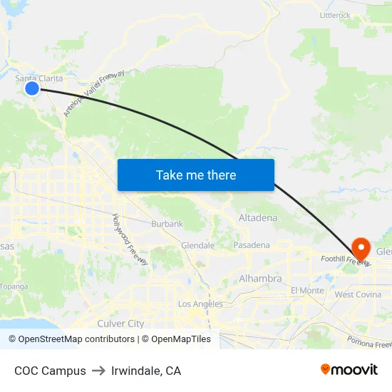COC Campus to Irwindale, CA map