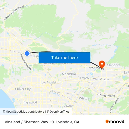 Vineland / Sherman Way to Irwindale, CA map