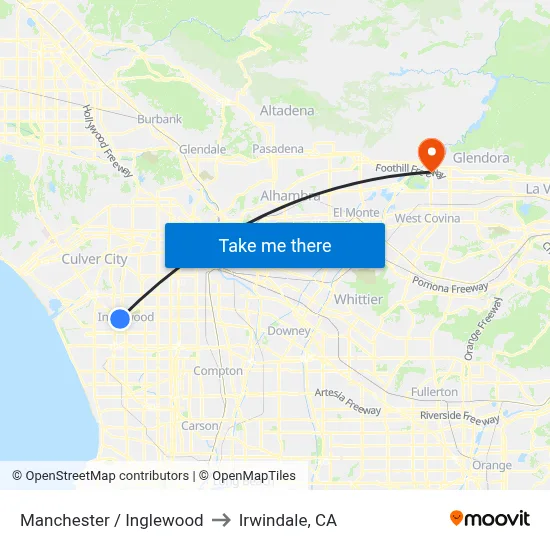 Manchester / Inglewood to Irwindale, CA map