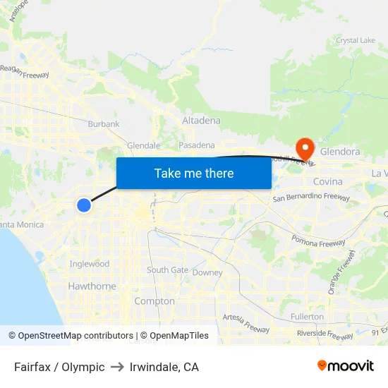 Fairfax / Olympic to Irwindale, CA map