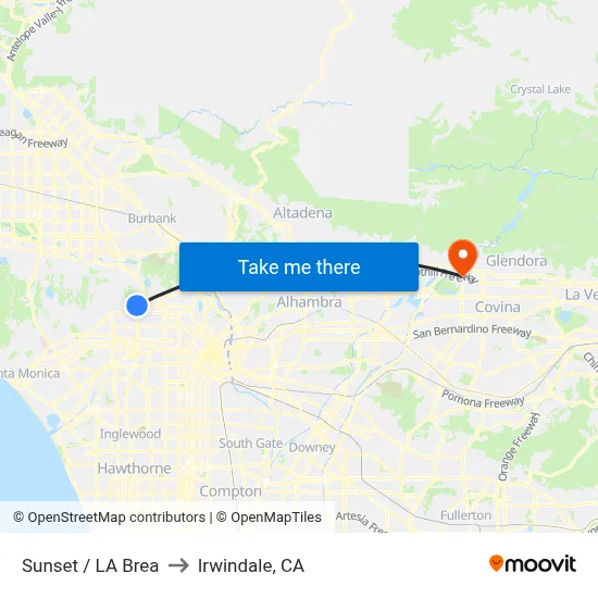 Sunset / LA Brea to Irwindale, CA map