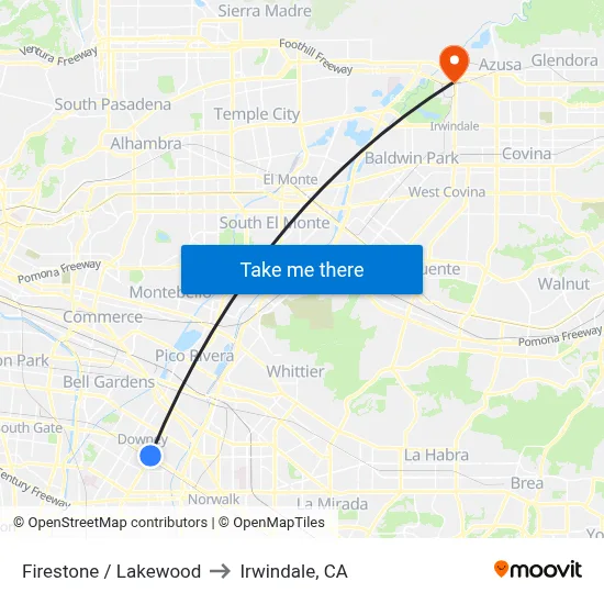 Firestone / Lakewood to Irwindale, CA map