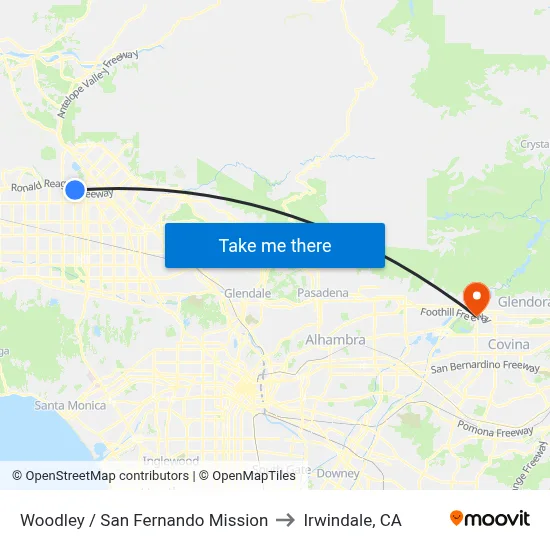 Woodley / San Fernando Mission to Irwindale, CA map