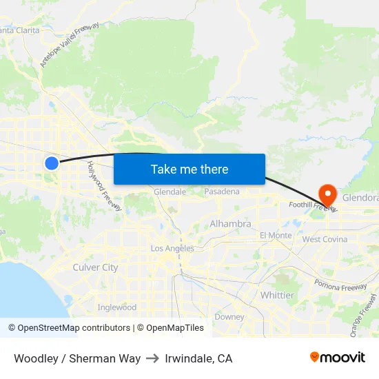 Woodley / Sherman Way to Irwindale, CA map