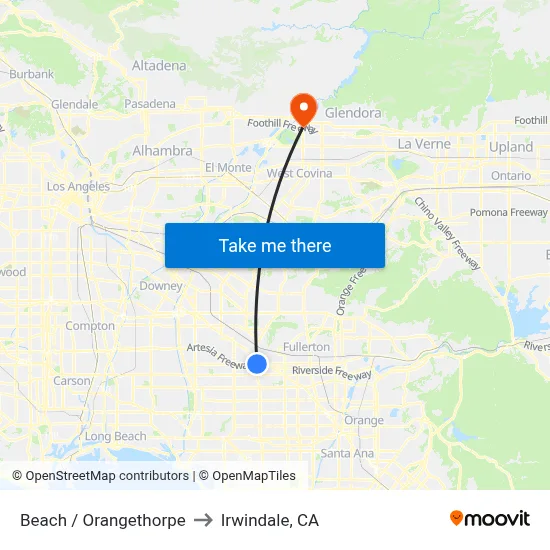 Beach / Orangethorpe to Irwindale, CA map