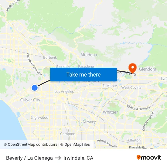 Beverly / La Cienega to Irwindale, CA map