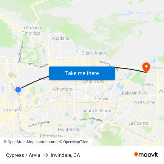 Cypress / Arvia to Irwindale, CA map