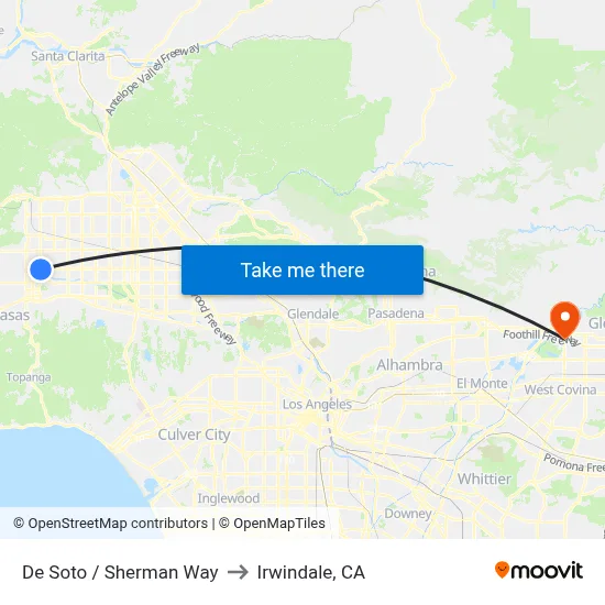 De Soto / Sherman Way to Irwindale, CA map