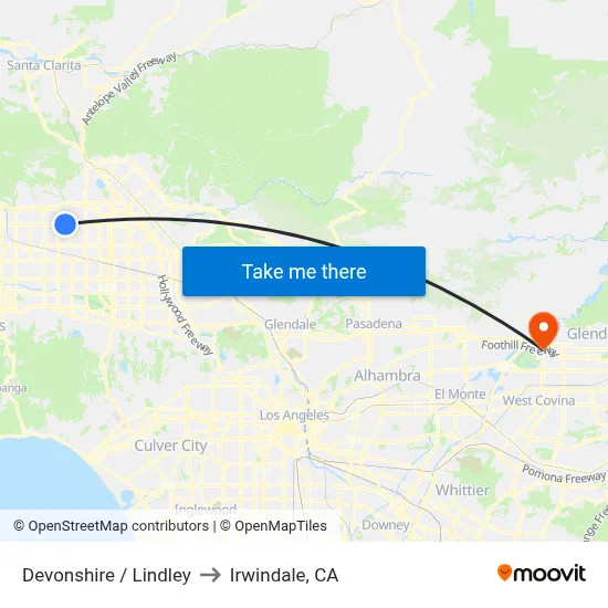 Devonshire / Lindley to Irwindale, CA map