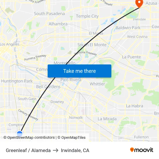 Greenleaf / Alameda to Irwindale, CA map