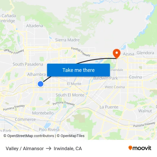 Valley / Almansor to Irwindale, CA map