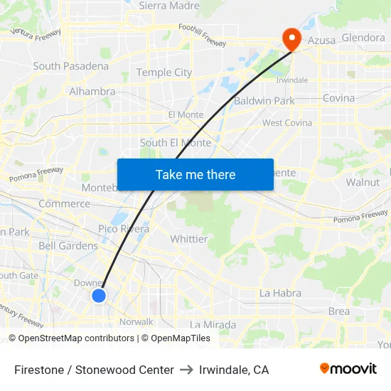 Firestone / Stonewood Center to Irwindale, CA map