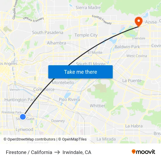 Firestone / California to Irwindale, CA map