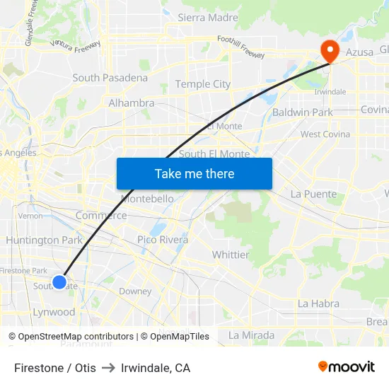 Firestone / Otis to Irwindale, CA map