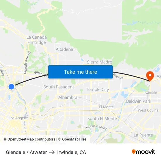Glendale / Atwater to Irwindale, CA map