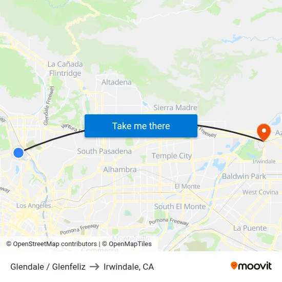 Glendale / Glenfeliz to Irwindale, CA map