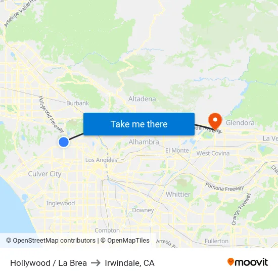 Hollywood / La Brea to Irwindale, CA map