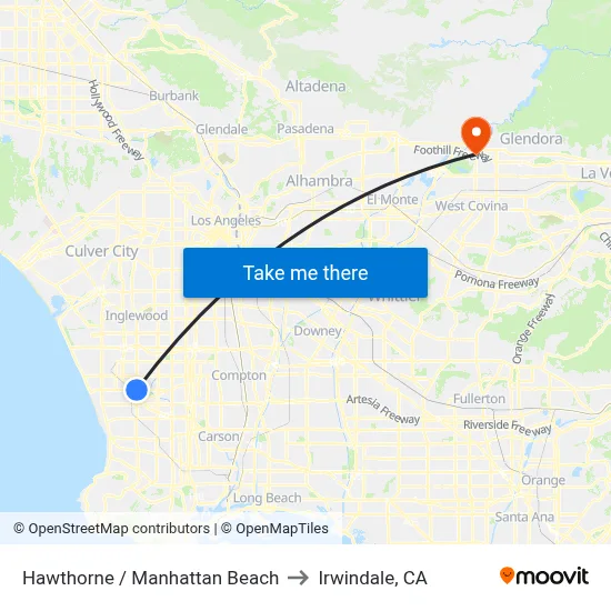 Hawthorne / Manhattan Beach to Irwindale, CA map