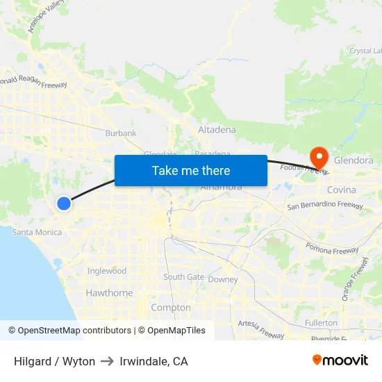 Hilgard / Wyton to Irwindale, CA map