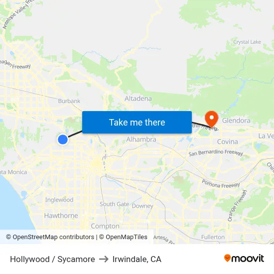 Hollywood / Sycamore to Irwindale, CA map