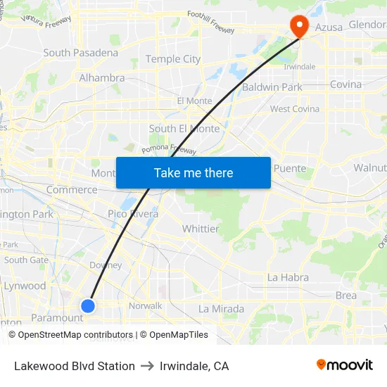 Lakewood Blvd Station to Irwindale, CA map