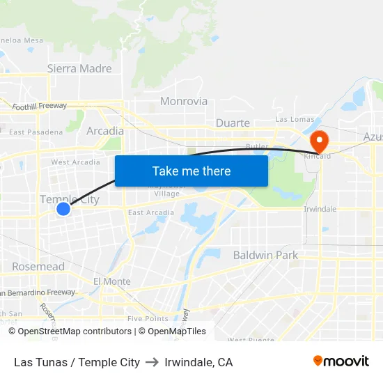 Las Tunas / Temple City to Irwindale, CA map