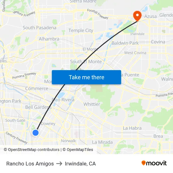 Rancho Los Amigos to Irwindale, CA map