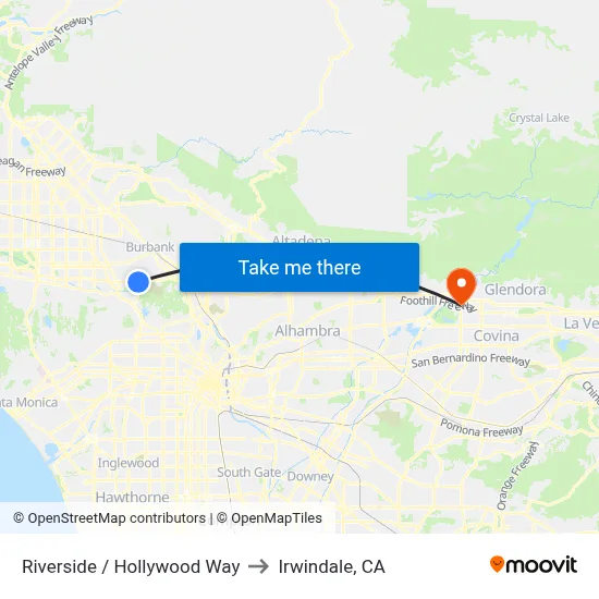 Riverside / Hollywood Way to Irwindale, CA map