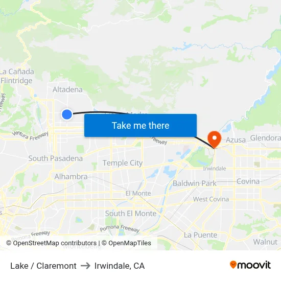 Lake / Claremont to Irwindale, CA map