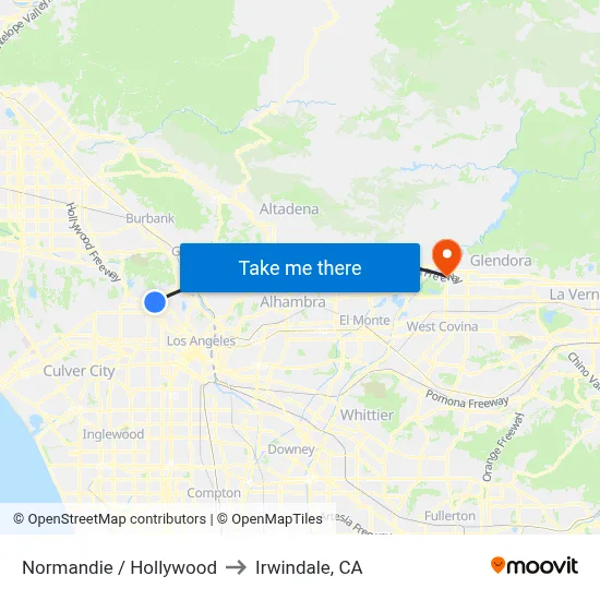 Normandie / Hollywood to Irwindale, CA map