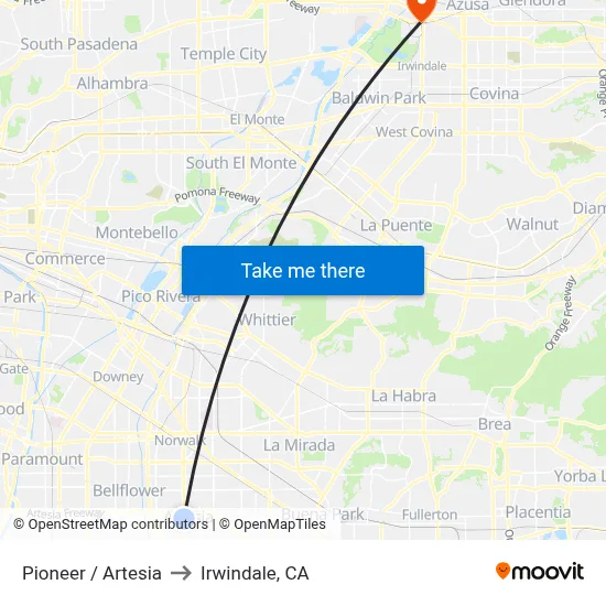 Pioneer / Artesia to Irwindale, CA map