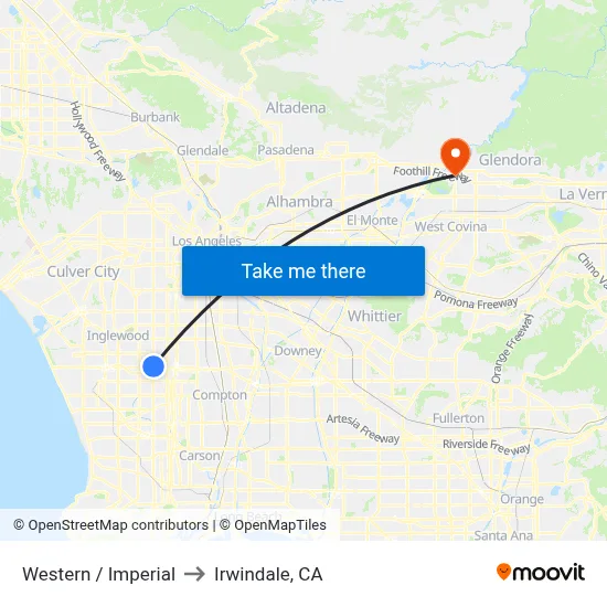 Western / Imperial to Irwindale, CA map