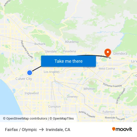 Fairfax / Olympic to Irwindale, CA map