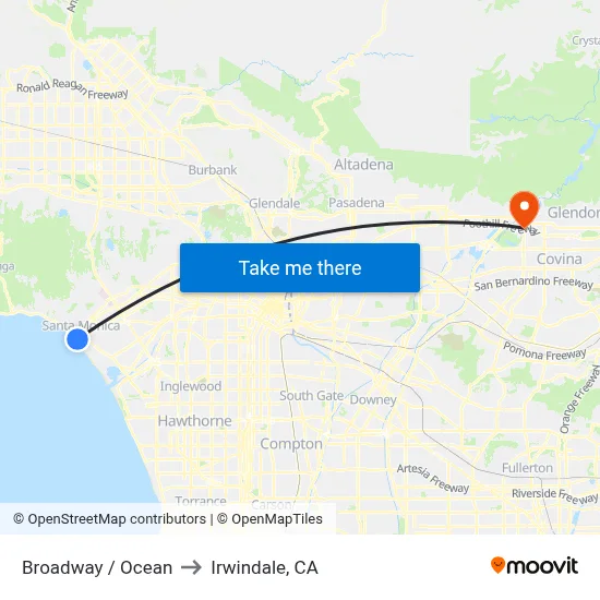 Broadway / Ocean to Irwindale, CA map