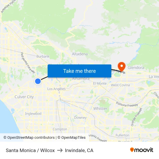 Santa Monica / Wilcox to Irwindale, CA map