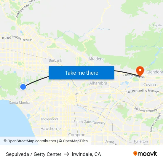 Sepulveda / Getty Center to Irwindale, CA map