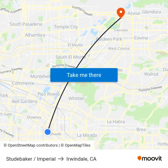 Studebaker / Imperial to Irwindale, CA map