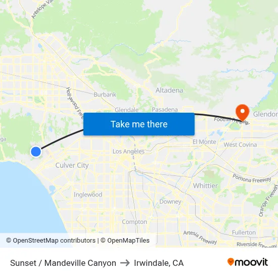 Sunset / Mandeville Canyon to Irwindale, CA map