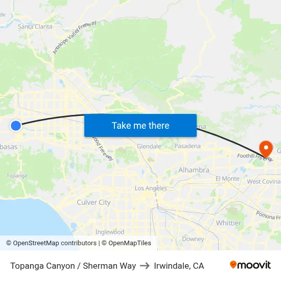 Topanga Canyon / Sherman Way to Irwindale, CA map