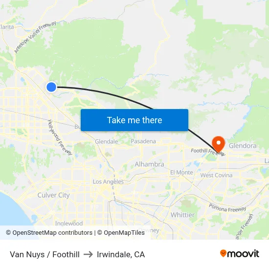 Van Nuys / Foothill to Irwindale, CA map