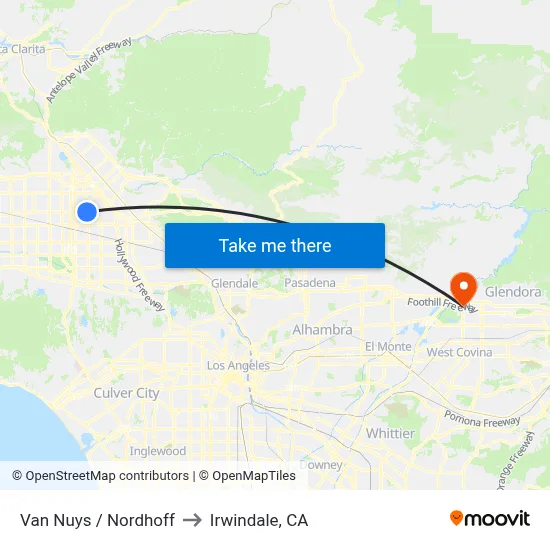 Van Nuys / Nordhoff to Irwindale, CA map