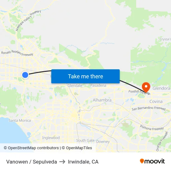 Vanowen / Sepulveda to Irwindale, CA map
