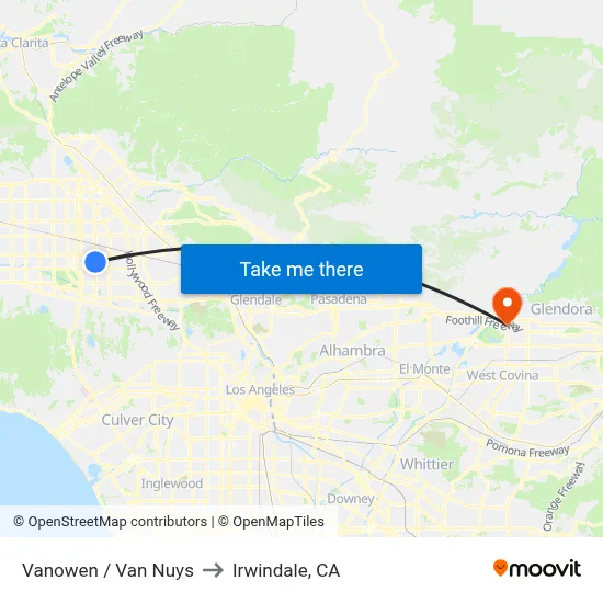 Vanowen / Van Nuys to Irwindale, CA map