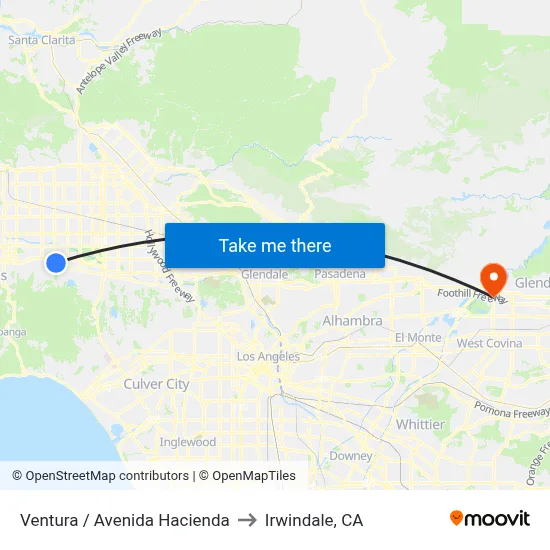 Ventura / Avenida Hacienda to Irwindale, CA map