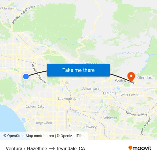 Ventura / Hazeltine to Irwindale, CA map