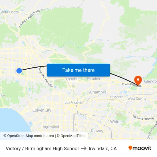 Victory / Birmingham High School to Irwindale, CA map