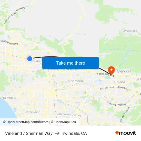 Vineland / Sherman Way to Irwindale, CA map